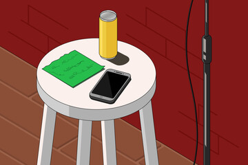 Bar chair, microphone stand at Stand up comedy event. Sheet with notes, can of drink, smartphone lie on stool. Stand-up attributes.