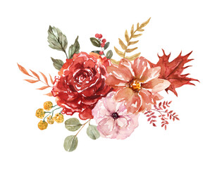 Watercolor floral arrangement, hand-painted botanical illustration. Fall flowers and foliage bouquet.