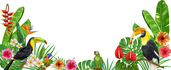 Hand drawn tropical birds and flowers. © rexandpan