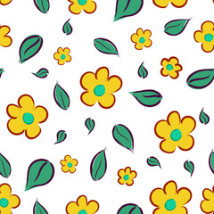 Seamless repeat pattern with yellow flowers and green leaves on white background. Hand drawn fabric, gift wrap, wall art design.