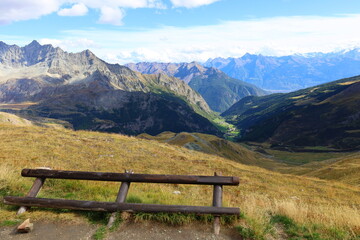 Mountain landscape of long distance hiking trail Tour Des Combins which crosses Switzerland to Italy via Bourg Saint Pierre, Fenetre Durand and Aosta Valley, TDC