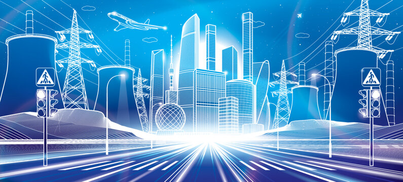 Modern neon lights night city. Large highway. Infrastructure illustration, urban scene. Thermal power plant and power lines. White outlines on blue background. Vector design