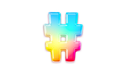 Colorful glass hashtag sign symbol on white background