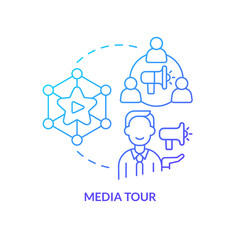 Media tour concept blue gradient icon. Online business presence. Building network. Company advertising abstract idea thin line illustration. Isolated outline drawing. Myriad Pro-Bold font used