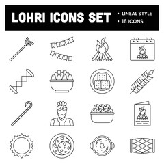 Black Thin Line Lohri Icon Set.