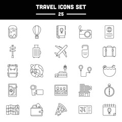 Black Stroke Of 25 Travel Icon Or Symbol Set.