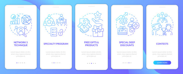 Fototapeta premium Marketing tricks blue gradient onboarding mobile app screen. Brand loyalty walkthrough 5 steps graphic instructions with linear concepts. UI, UX, GUI template. Myriad Pro-Bold, Regular fonts used