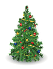 Vector realistic decorated christmas tree isolated on white background