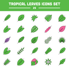 Green And Pink Tropical Leaf Icon Set In Flat Style.