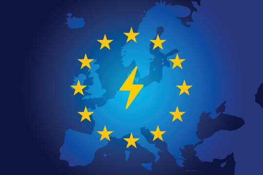 symbol of electric energy on european union flag and map bakground. vector illustration background