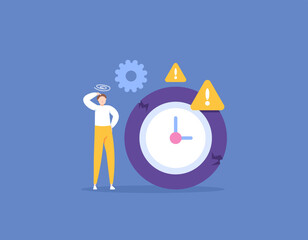 bad time management. can't set the time. deadline warning. errors and problems in management. an entrepreneur or employee is confused about how to manage time well. illustration concept design