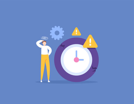 bad time management. can't set the time. deadline warning. errors and problems in management. an entrepreneur or employee is confused about how to manage time well. illustration concept design