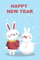 A cute cartoon rabbit makes a snowman. Winter card vector illustration on a blue background with snow. New Year and Merry Christmas EPS