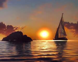 Fototapeta premium sunset at sea reflection on sea water wave pink sky sun down light flares on horizon city blurred light Ibiza travel