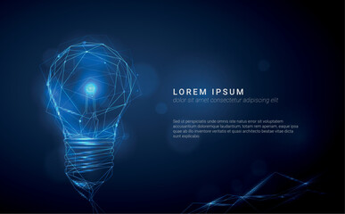 Vector blue glowing light bulb made of polygonal lines on dark background - innovation, technology, creativity