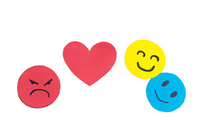 happy and angry paper faces on white background for copy space with concept of jealousy, heartbreak, infidelity, abuse,