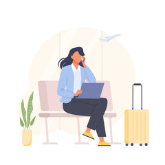 Woman at the airport and working on a laptop and talking