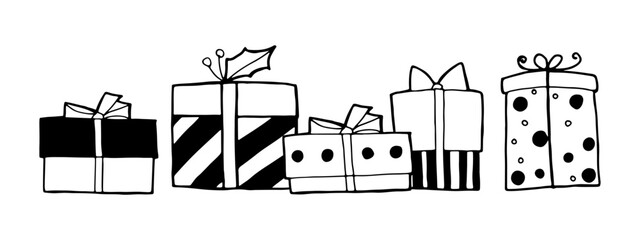 Border with various gifts with bows. Hand drawn doodles. Collection of simple images of various gift boxes.