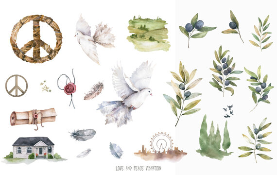 Peace and love watercolor illustration set. Doves of peace, olive, clean fields and the silhouette of the city. Symbolism, Pacific symbolism