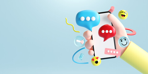 Fototapeta na wymiar Hand holding blank mobile phone with bubble talk icon. Social media marketing concept, 3d illustration