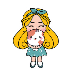 Little girl long golden hair with a her chubby cat, vector 