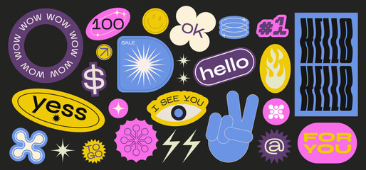 Collection of various patches, labels, tags, stickers, stamps for shopping and packaging. discounts, new collection. Vector set, trendy promo labels