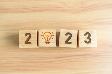 2023 block with lightbulb icon. Business Idea, Creative, Thinking, brainstorm, Goal, Resolution,...