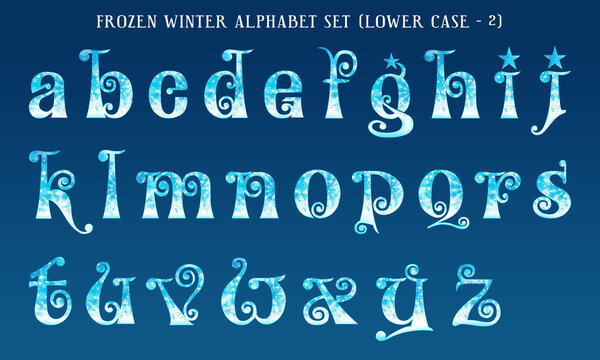 Frozen winter watercolor alphabet set, includes letters (uppercase and lowercase), numbers, and symbols. 