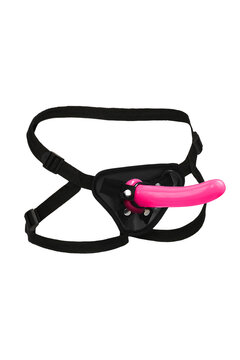 Close-up shot of black leather strap on harness dildo panties with adjustable straps. The strap on dildo pants are isolated on a white background. Side view.