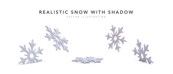 Set of 3d realistic snowflake in different position with shadow isolated on white background. Vector illustration © bs_k1d