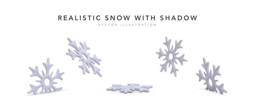 Set of 3d realistic snowflake in different position with shadow isolated on white background. Vector illustration