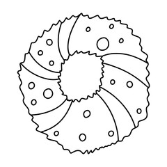 Doodle Christmas wreath. Cartoon element, vector sketch illustration, black outline art for web design, icon, print, coloring page