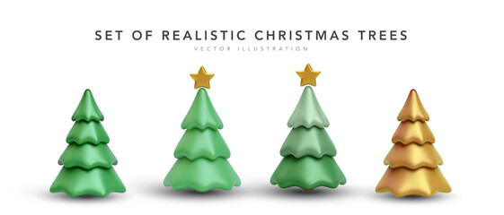 Set of 3d realistic Christmas tree with shadow isolated on white background. Vector illustration