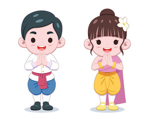 Cute style Thai kids in traditional costume sawasdee cartoon illustration
