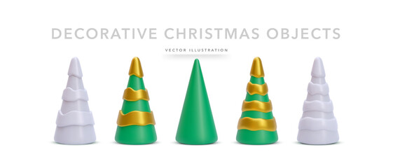 Set of realistic 3d trendy Christmas tree isolated on white background.  Decorations for Christmas design. Vector illustration