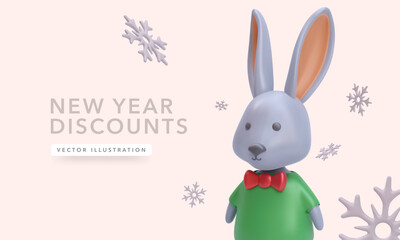 Christmas and New Year Sale background with 3d realistic black rabbit and snowflakes. Vector illustration