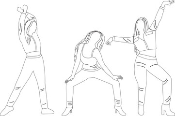 girls rejoice dancing sketch, silhouette ,contour isolated vector