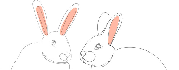 rabbits portrait drawing by one continuous line, vector