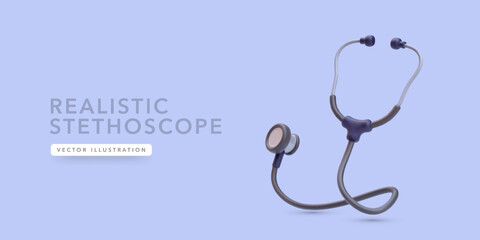 3d realistic medical stethoscope with shadow isolated on blue background. Vector illustration - obrazy, fototapety, plakaty
