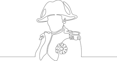One continuous line. Historical character. French Emperor Napoleon Bonaparte. Soldier in a cocked hat. Soldier in dress uniform. One continuous line on a white background. - obrazy, fototapety, plakaty