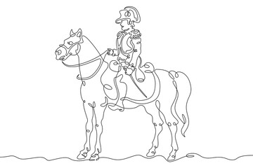 One continuous line. Historical character. French emperor Bonaparte Napoleon on horseback. Soldier in a cocked hat. Military rider in dress uniform.One continuous line on a white background.