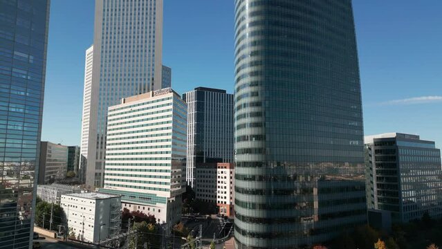 Engie tower or Tour T1 skyscraper, La D&eacute;fense. Paris in France. Aerial rising