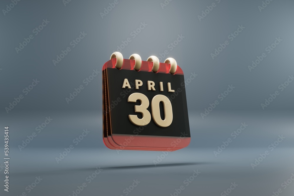 Poster Standing black and red month lined desk calendar with date April 30. Modern design with golden elements, 3d rendering illustration. Blue gray background..