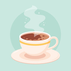 Cute coffee cup cartoon, concept vector illustration in flat cartoon style, on light blue background
