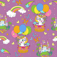 Seamless pattern with cute unicorn on air balloons
