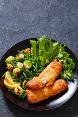 Crispy Beer Batter Cod Fish with green  vegetables