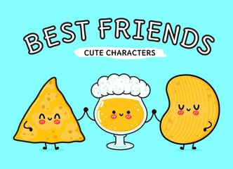 Cute, funny happy glass of beer, nachos and chips. Vector hand drawn cartoon kawaii characters, illustration icon. Funny happy cartoon glass of beer nachos chips mascot friends emoji,child,baby,face