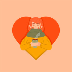 girl holding a cup of tea or coffee on heart pink background stock vector