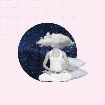 Contemporary art collage of woman sitting in the lotus position, cloud,  pillows against the background of the night sky. Concept of healthy lifestyle and sport. Good and relaxing sleep. Copy space.
