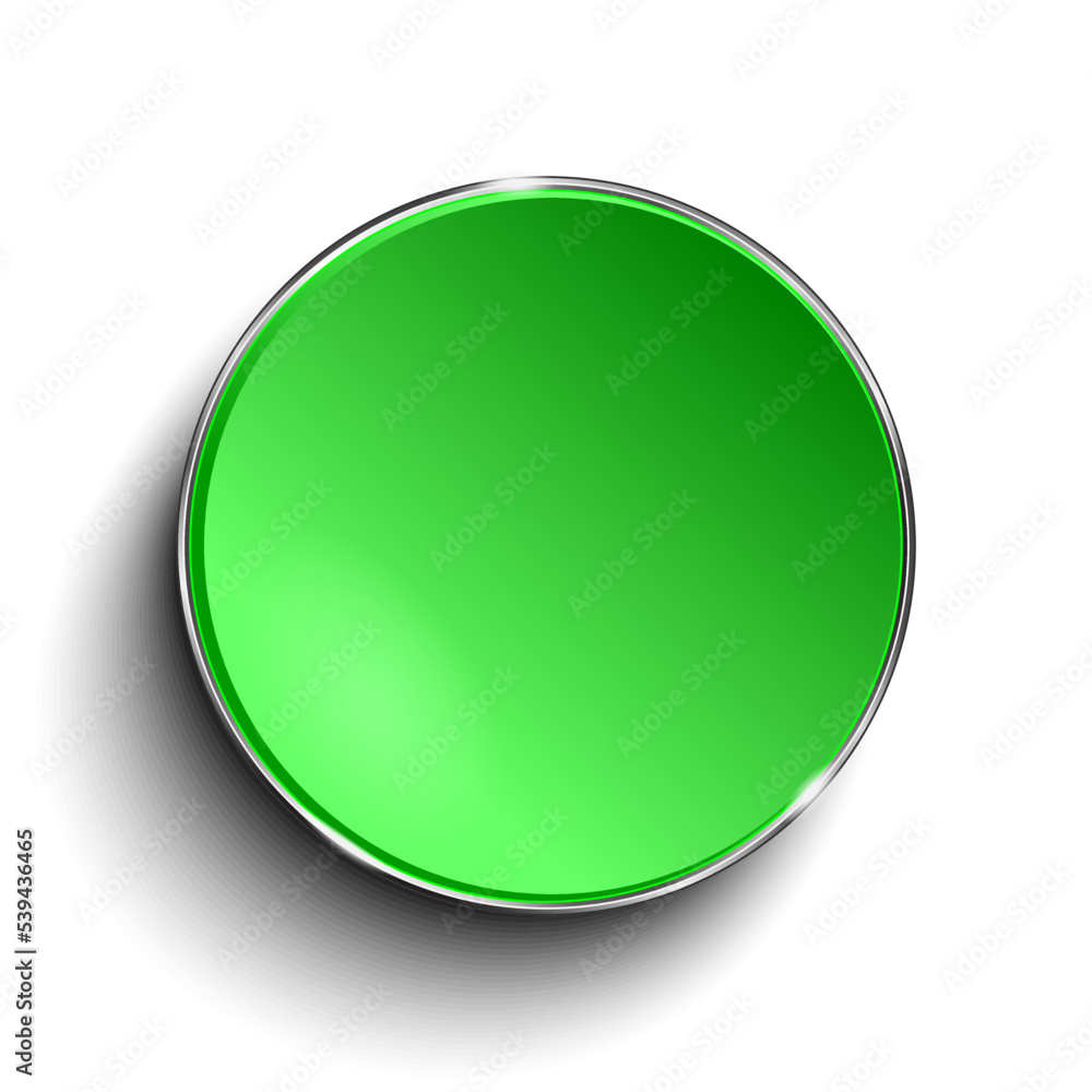 Poster green circle button with chrome frame isolated on white background. 3d rendering
